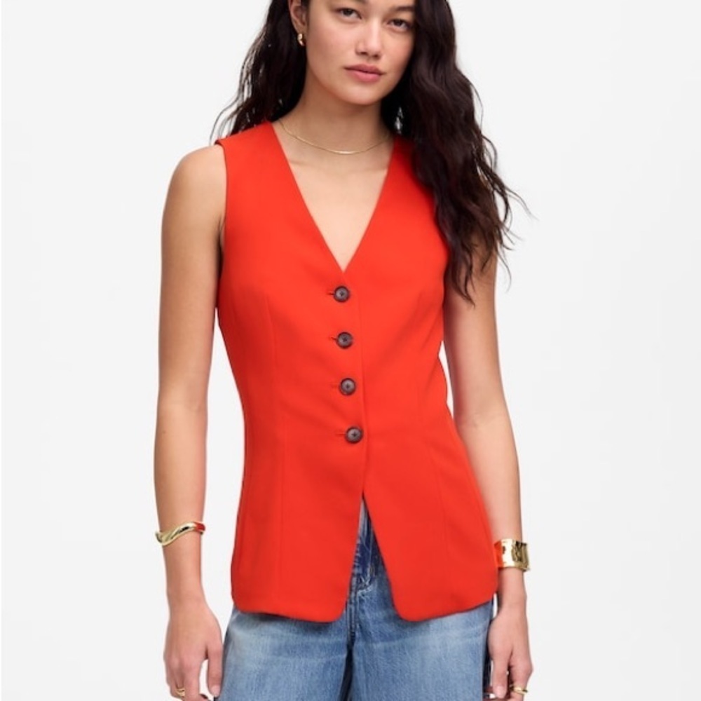NWT Madewell Button Front Cutaway Long Vest Bright Flame